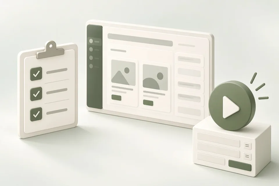 An Ads Manager panel beside a checklist clipboard.
