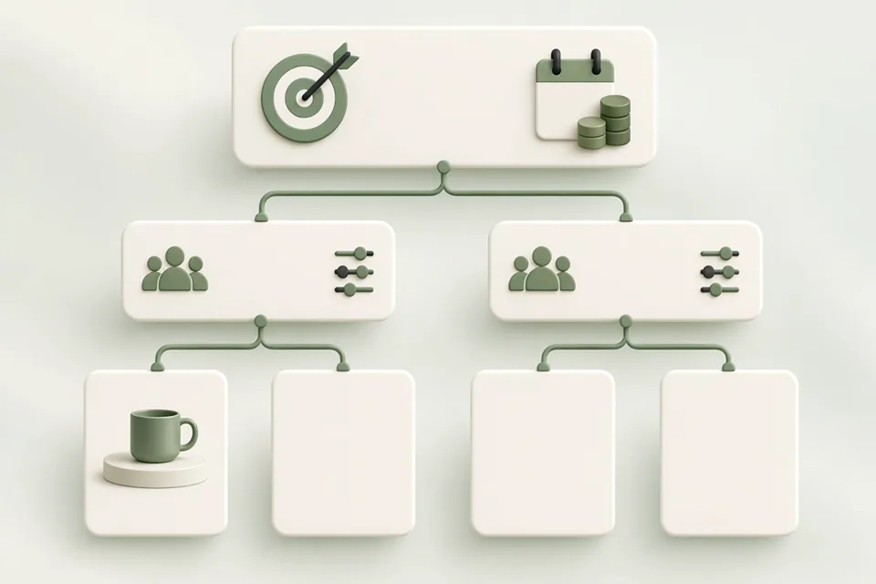 A campaign card branching into ad groups and ads.