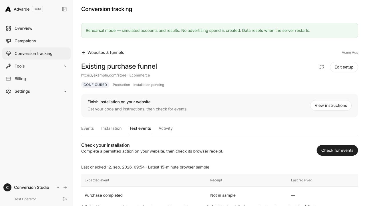 Advarde Test events view showing a purchase event absent from the latest 15-minute browser receipt sample.