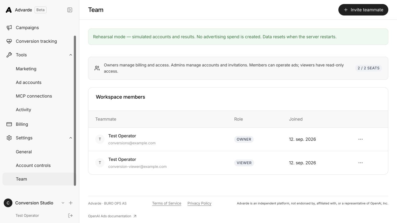 Advarde Team page with owner and viewer roles and an explanation of workspace permissions.