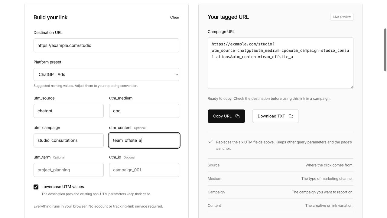 Advarde UTM generator with the ChatGPT Ads preset, a studio consultation campaign, a creative identifier, and the resulting tagged URL.